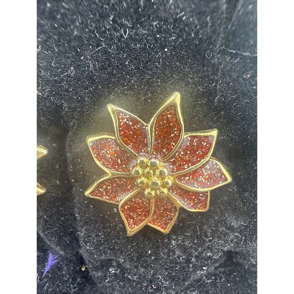 Vintage Premier Designs Poinsettia Pierced Stud Earrings Christmas Red Glitter